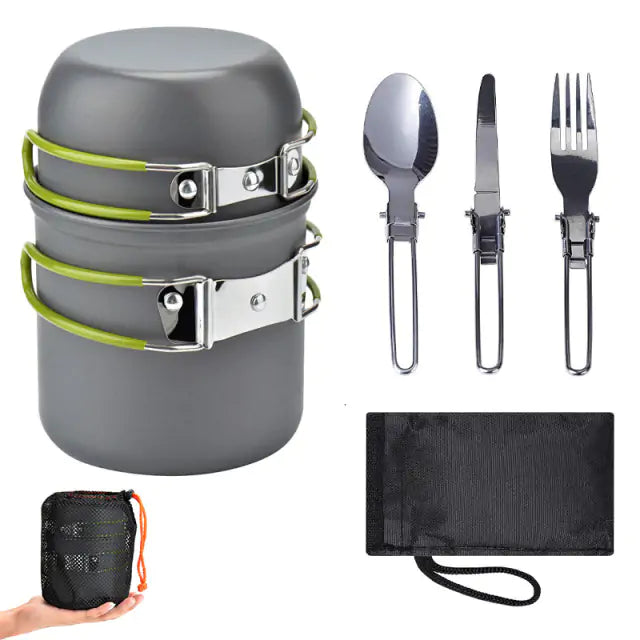 Outdoor Camping Tableware Kit - Foldable Spoon, Fork, Knife, Kettle, and Cup