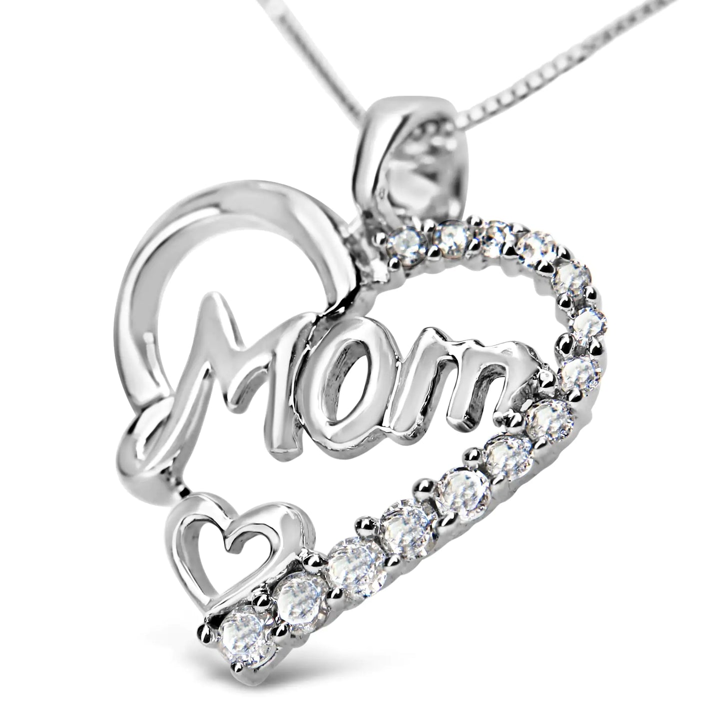 "Mom" Heart Pendant 18" Necklace / .925 Sterling Silver 1/4 Cttw Round Diamond