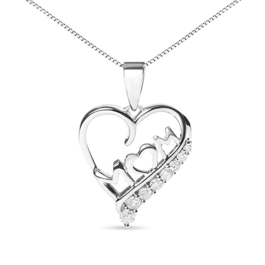 "Mom" and Open Heart 18" Pendant Necklace / .925 Sterling Silver 1/4 Cttw Diamond