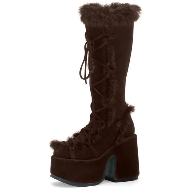 Chunky High Heeled Winter Boots with Furry Platform