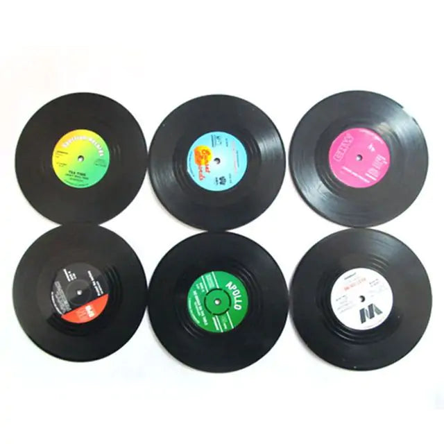 Vinyl Record Coaster Set with Holder - 6 Authentic Retro Designs