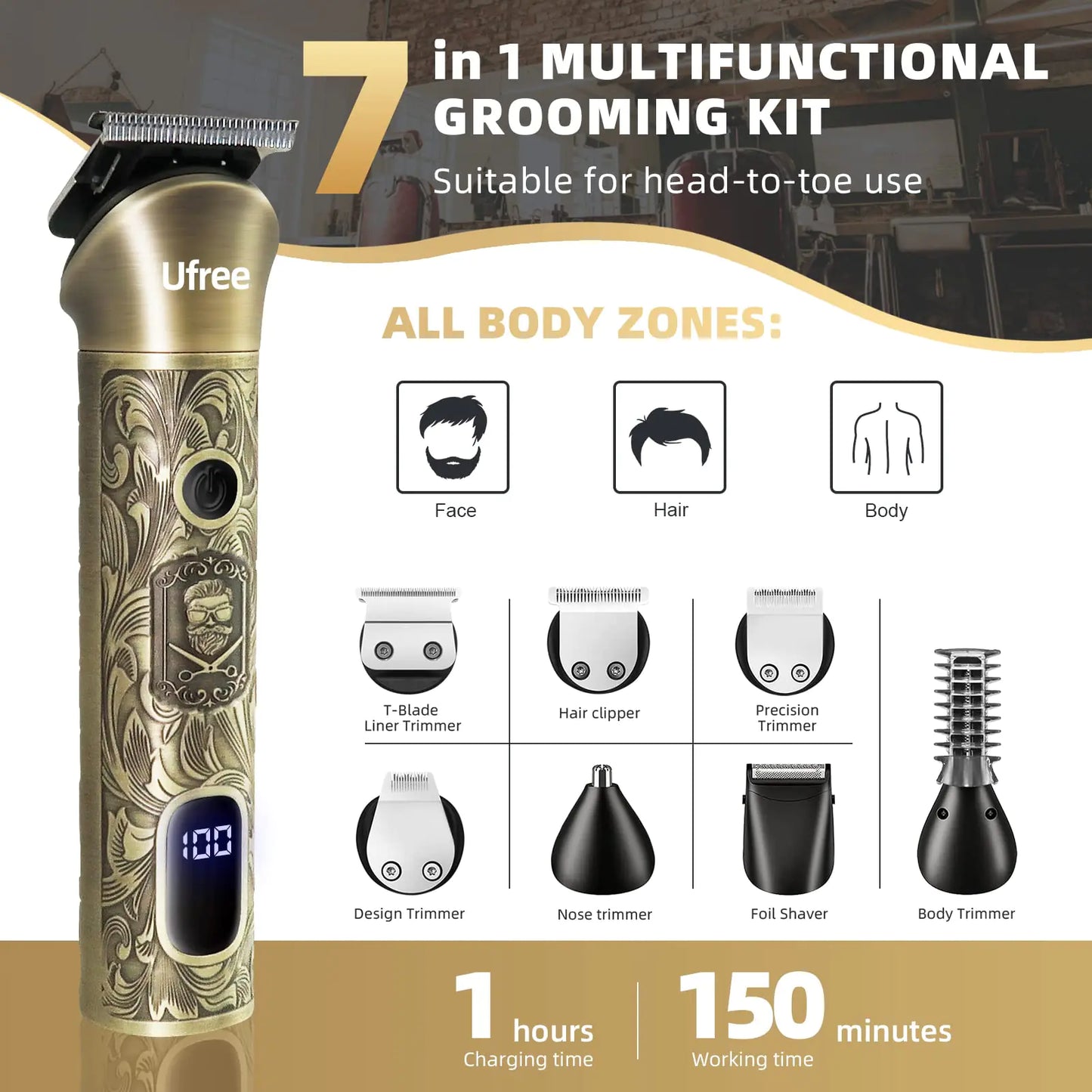 Ufree Beard Trimmer for Men – 7-in-1 Cordless Grooming Kit