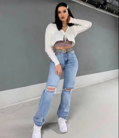 Women's Ripped Wide Leg Loose Fit Jeans - Trendy & Comfortable