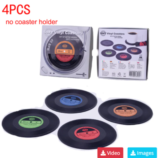 Vinyl Record Player Coasters with Coaster Holder - Set of 6 Nostalgic ABS Plastic Drink Coasters