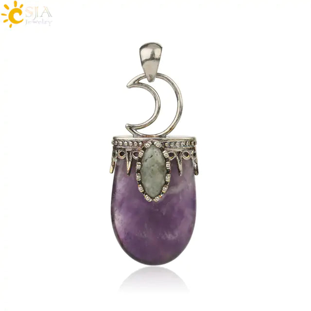 Natural Stone Antique Necklace - Purple and Pink Quartz Crystal Pendant with Vintage Silver Crown and Crescent Moon Charm