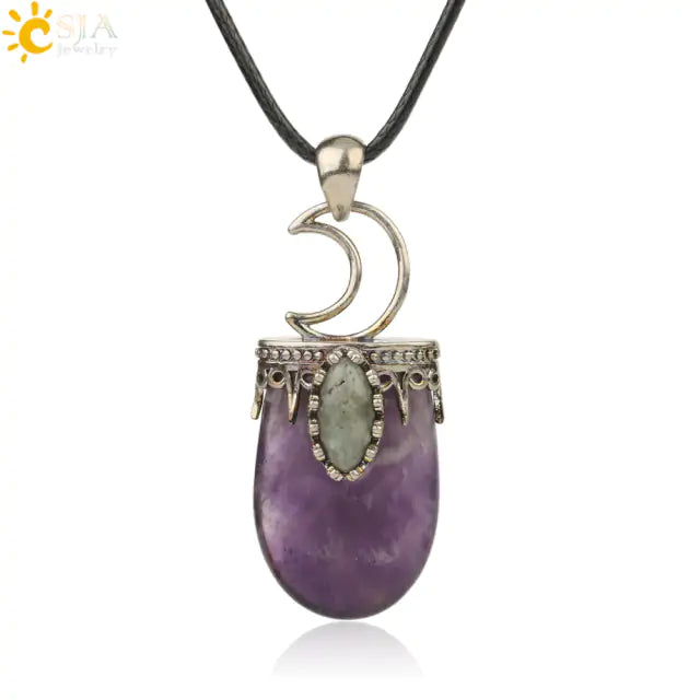 Natural Stone Antique Necklace - Purple and Pink Quartz Crystal Pendant with Vintage Silver Crown and Crescent Moon Charm