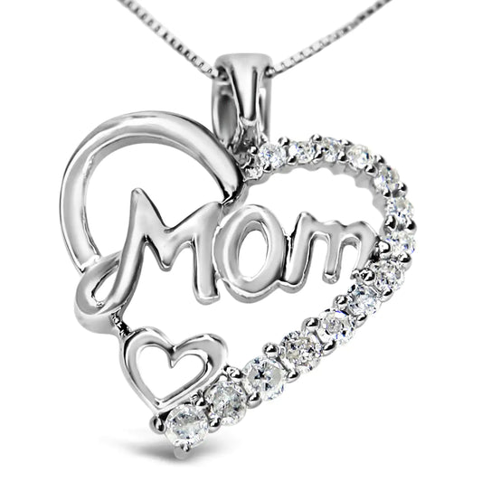 "Mom" Heart Pendant 18" Necklace / .925 Sterling Silver 1/4 Cttw Round Diamond