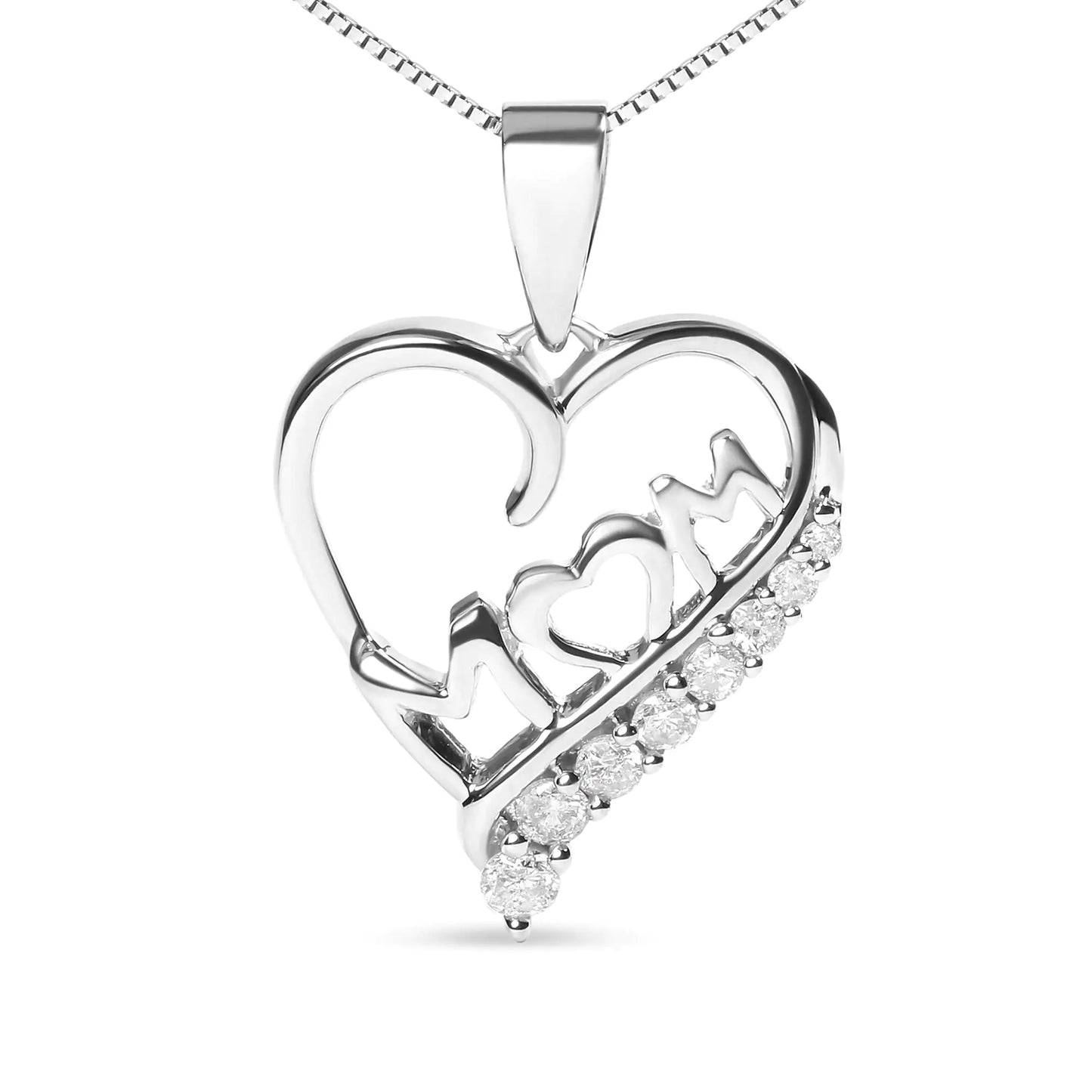 Sterling Silver "Mom" Open Heart Pendant Necklace / .925 Sterling Silver 1/4 Cttw Diamond