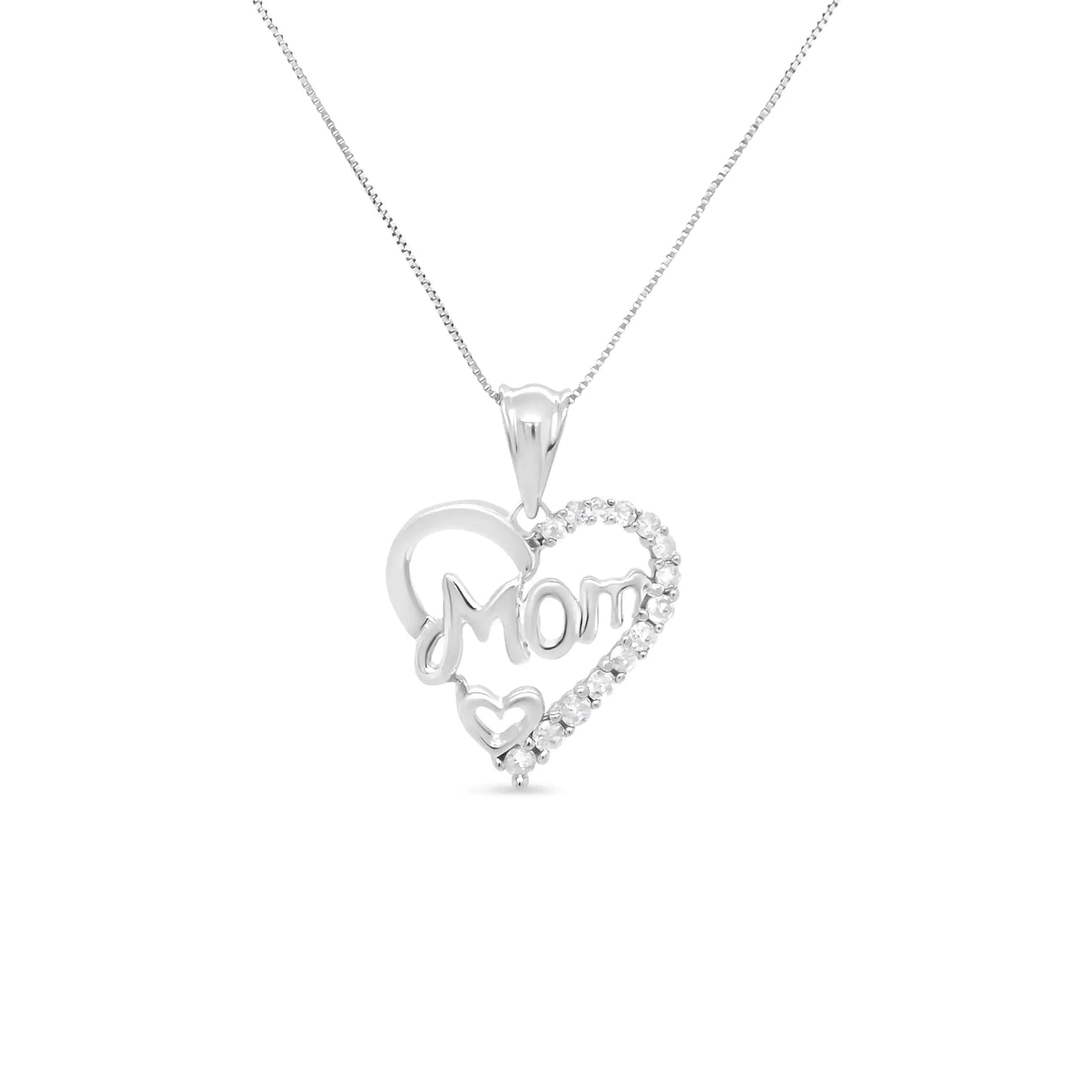 "Mom" Openwork Heart Pendant Necklace / .925 Sterling Silver 1/4 Cttw Round Diamond