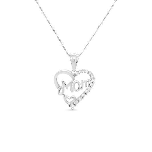 "Mom" Openwork Heart Pendant Necklace / .925 Sterling Silver 1/4 Cttw Round Diamond