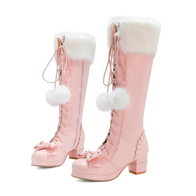 Princess Bowtie High Boots - Warm & Stylish PU Leather Winter Boots with Lace-Up Detail