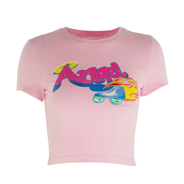 Angel Letter Printed Cropped T-Shirt - Slim Fit, Knot Detail - Pink/White - Sizes S, M, L