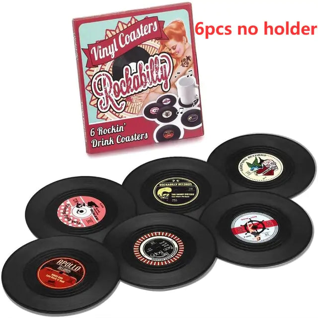 Vinyl Record Player Coasters with Coaster Holder - Set of 6 Nostalgic ABS Plastic Drink Coasters