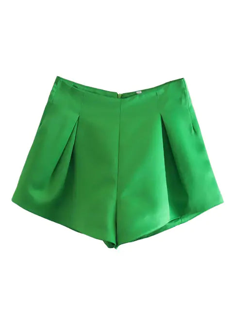 Vintage High-Waist Shorts with Pleated Front and Back Zipper