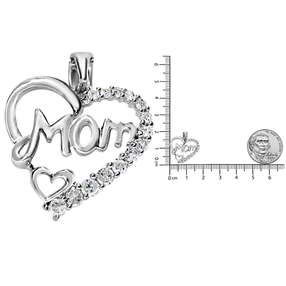 "Mom" Heart Pendant 18" Necklace / .925 Sterling Silver 1/4 Cttw Round Diamond