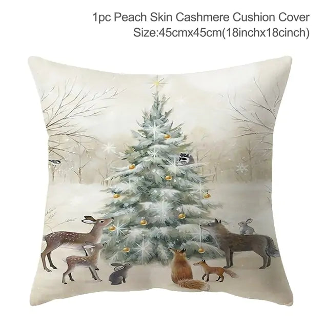 Christmas Elk Tree Cushion Cover - Festive Holiday Decor with Embroidered Design and Plush Comfort