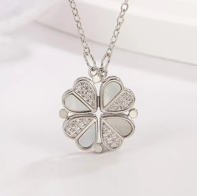 Clover Heart Shape Necklace with Four-Leaf Clover Pendant in Silver Stainless Steel