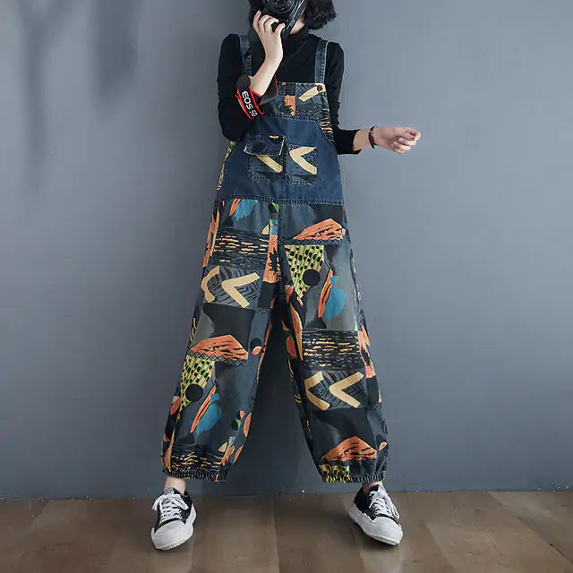 Abstract Print Denim Rompers - Stylish and Comfortable Overalls