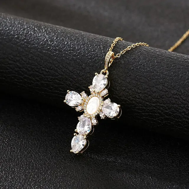 Cross Crystal Necklace with Sparkling Crystals and Adjustable Chain