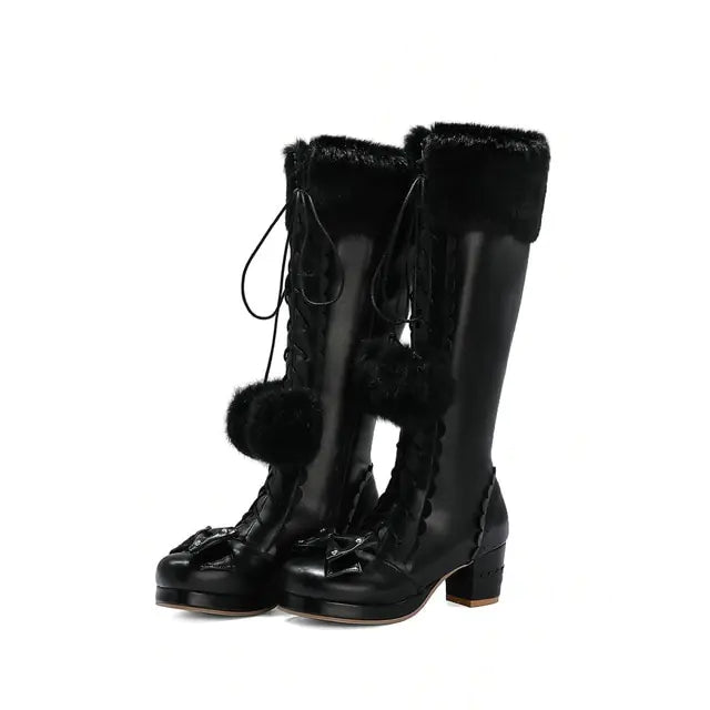 Princess Bowtie High Boots - Warm & Stylish PU Leather Winter Boots with Lace-Up Detail