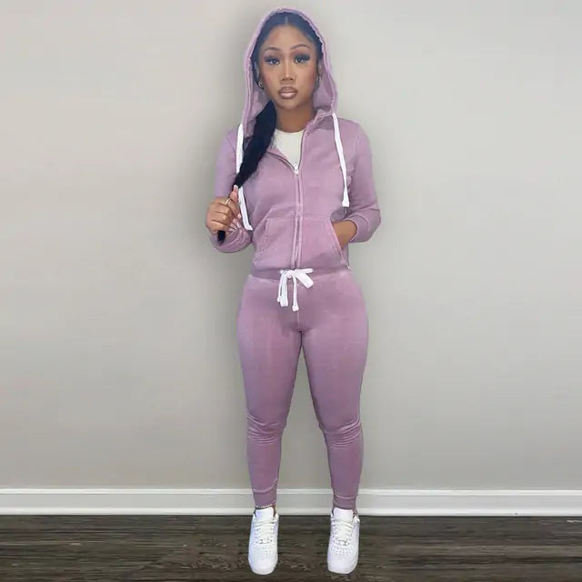 2 Piece Velour Jogger Tracksuit Set with Hoodie and Pockets