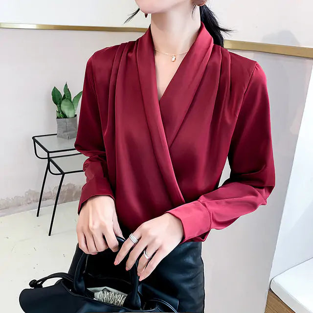 V-Neck Blouse - Premium Chiffon Satin, Flattering Fit, Criss-Cross Neckline