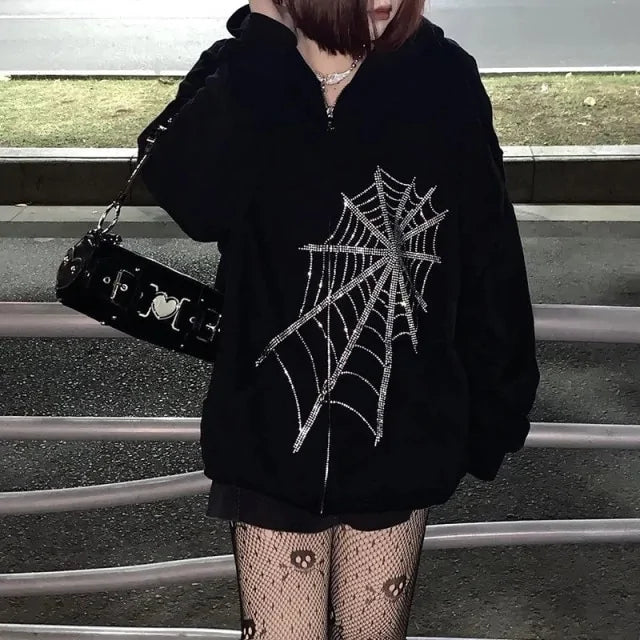 Gothic Black Zip-Up Hoodie for Women