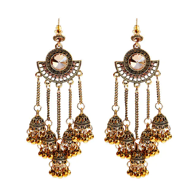 Jhumka Indian Earrings - Vintage Oxidized Design with Tassel Details - Handmade Boho Jewelry