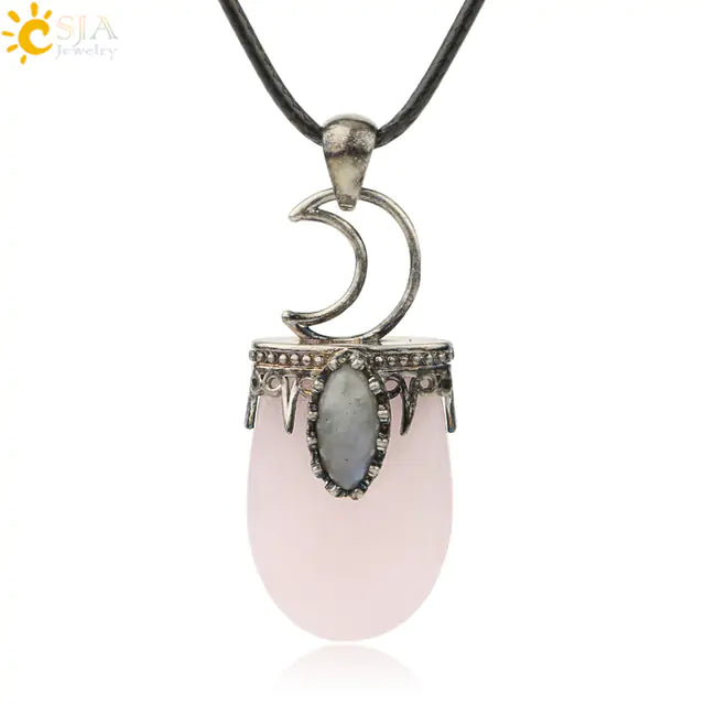 Natural Stone Antique Necklace - Purple and Pink Quartz Crystal Pendant with Vintage Silver Crown and Crescent Moon Charm