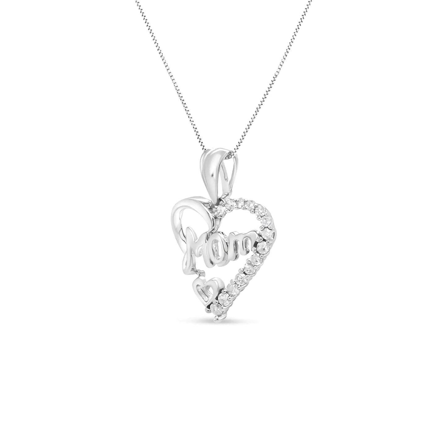 "Mom" Openwork Heart Pendant Necklace / .925 Sterling Silver 1/4 Cttw Round Diamond