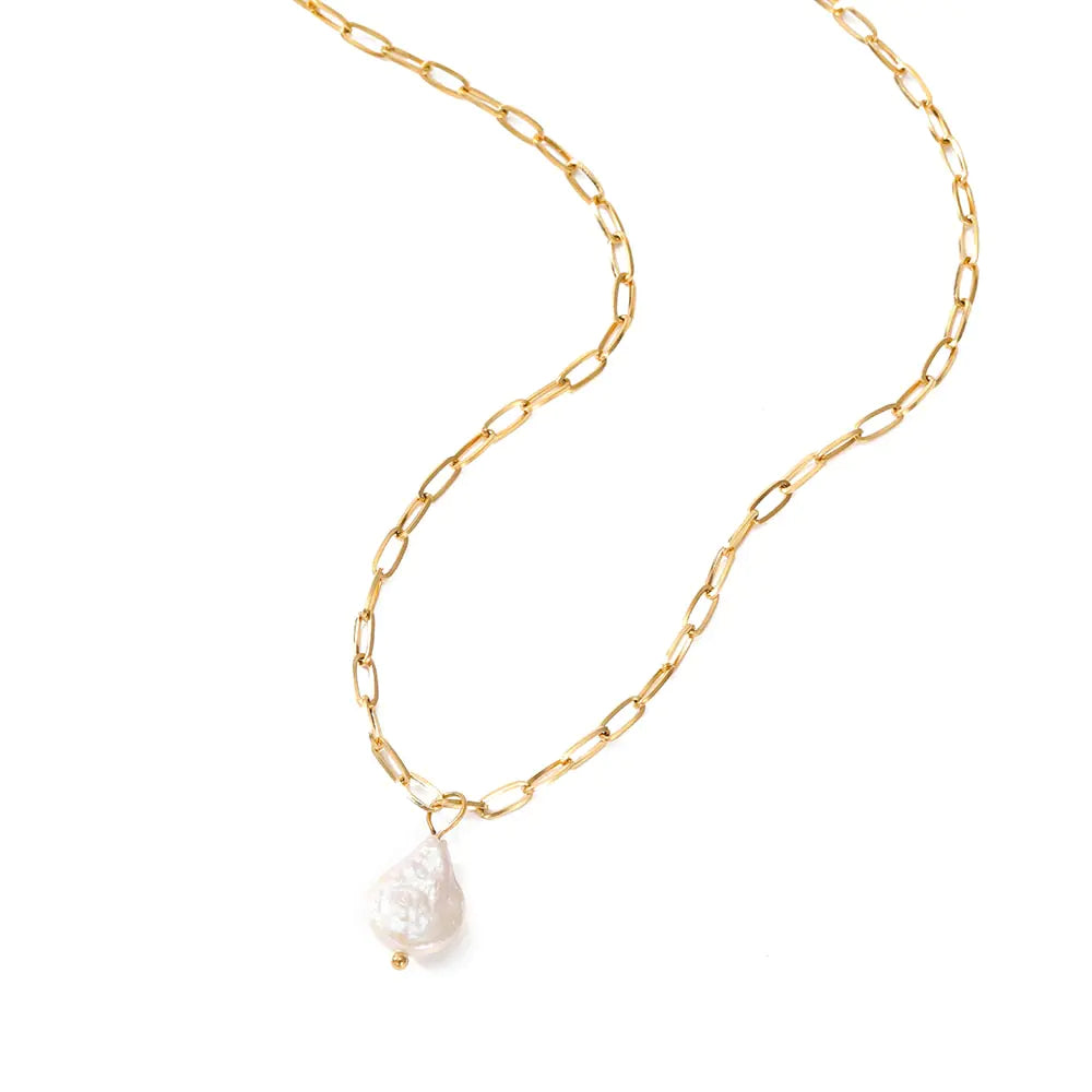 Rectangle Link Chain Pearl Necklace with Freshwater Pendant