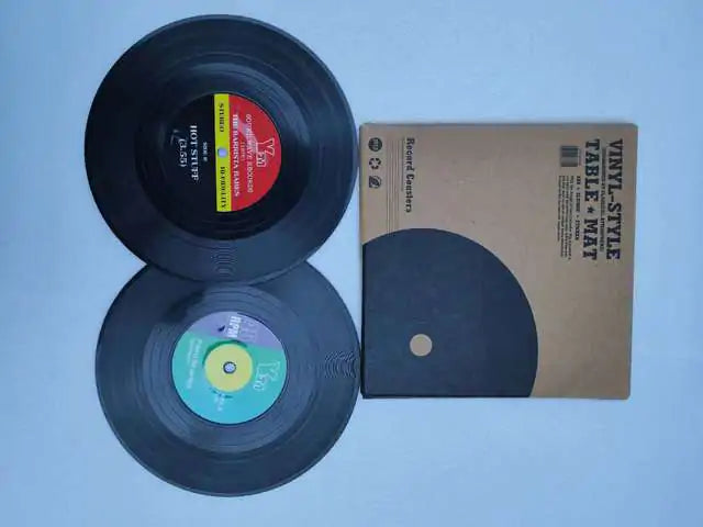 Vinyl Record Coaster Set with Holder - 6 Authentic Retro Designs