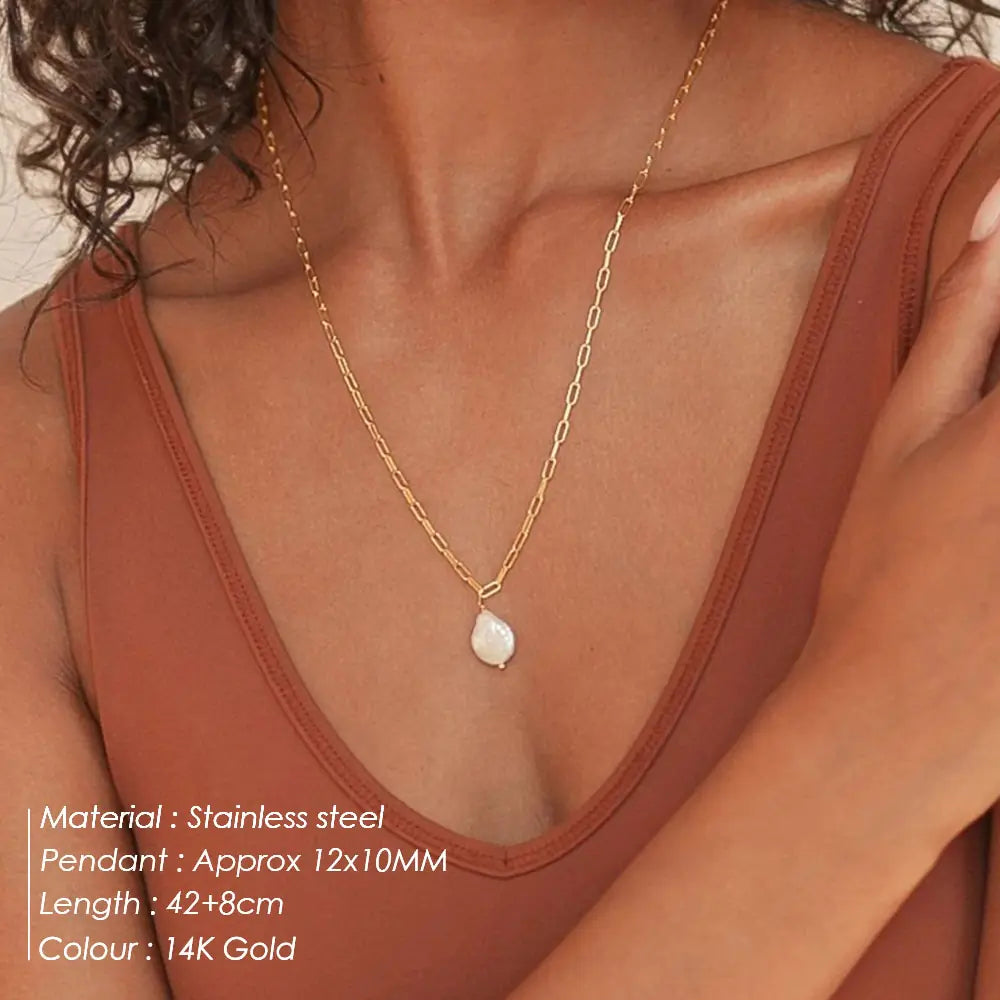 Rectangle Link Chain Pearl Necklace with Freshwater Pendant