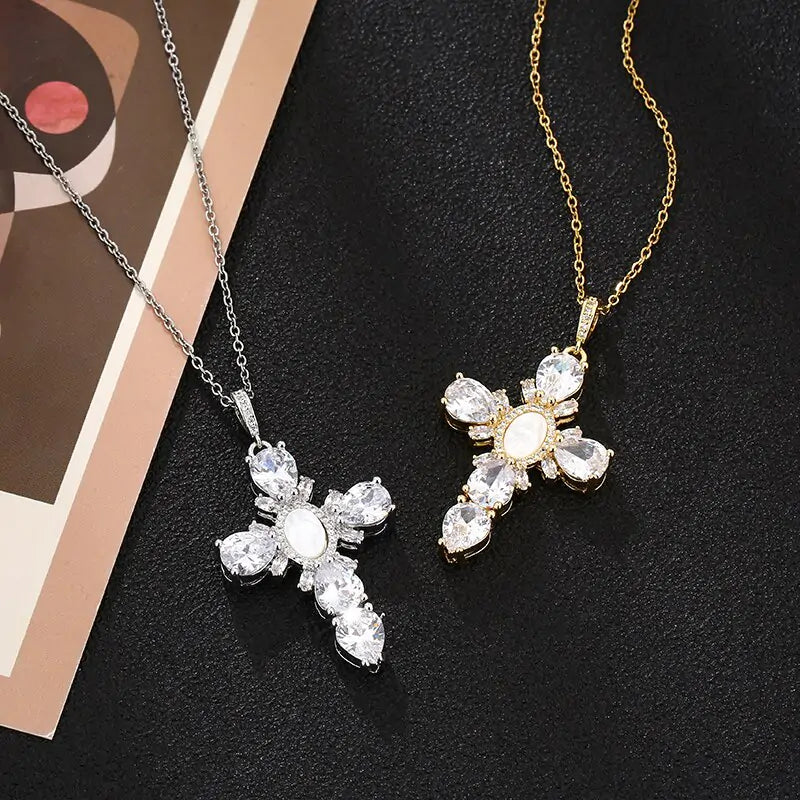 Cross Crystal Necklace with Sparkling Crystals and Adjustable Chain