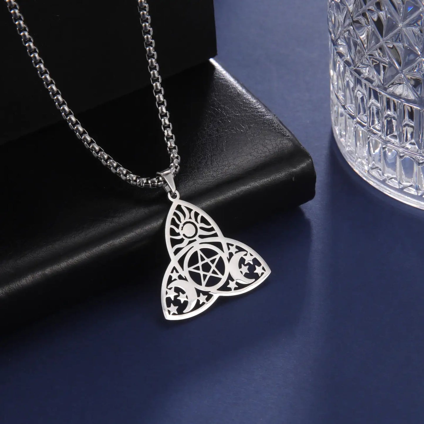 Triquetra Moon Pentagram Necklace - Stainless Steel, 60cm Chain, Symbol of Unity & Balance