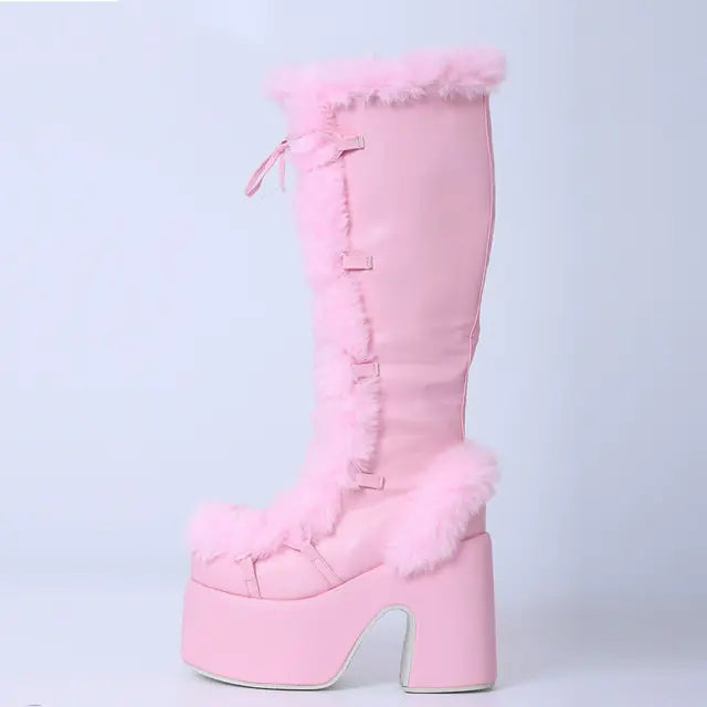 Chunky High Heeled Winter Boots with Furry Platform