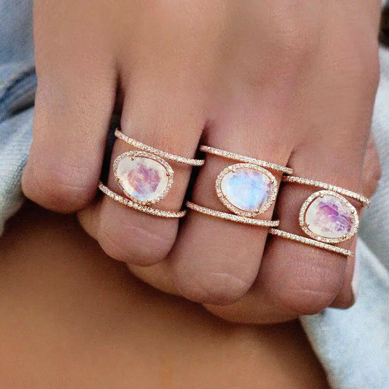 Double Band Moonstone Ring - Genuine Rainbow Moonstone Jewelry for Personal Growth and Timeless Elegance