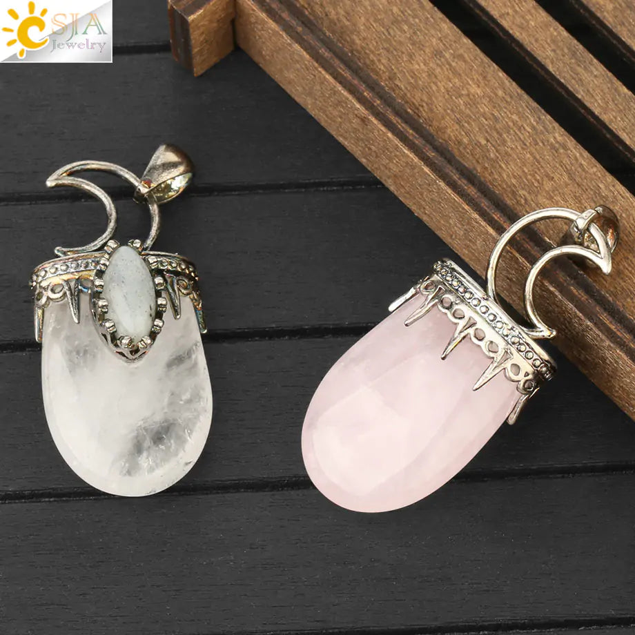 Natural Stone Antique Necklace - Purple and Pink Quartz Crystal Pendant with Vintage Silver Crown and Crescent Moon Charm