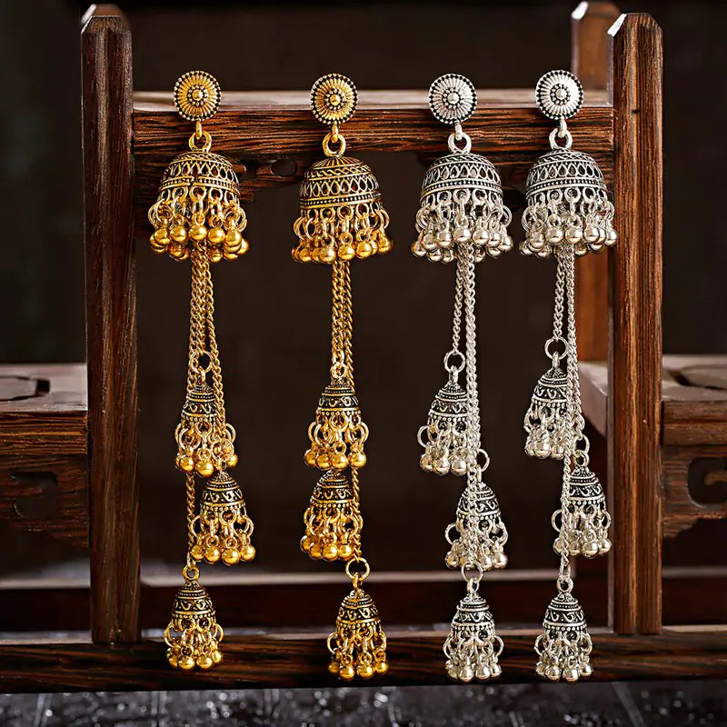 Jhumka Indian Earrings - Vintage Oxidized Design with Tassel Details - Handmade Boho Jewelry