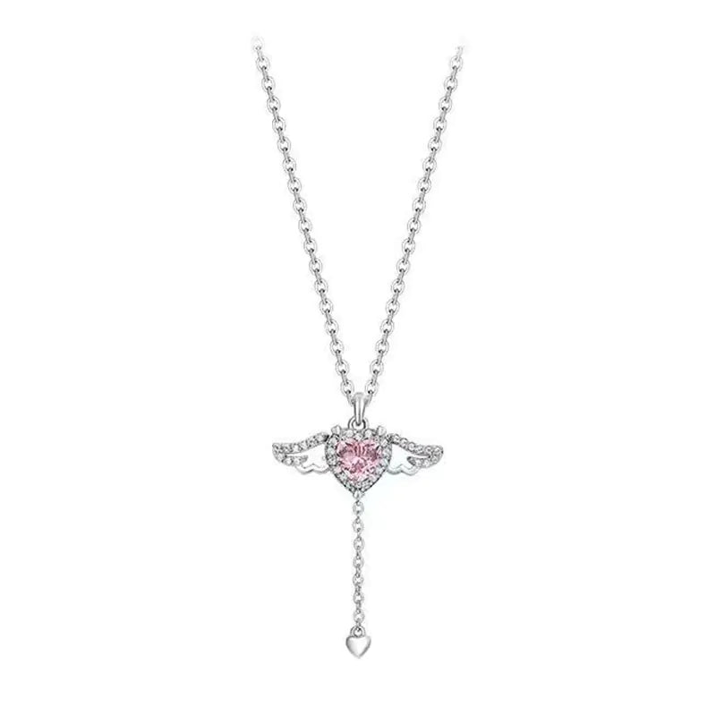 Heart Wings Necklace with Pink Rhinestones - Sterling Silver Pendant