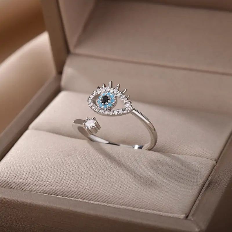 Turkish Blue Evil Eye Adjustable Stainless Steel Protection Ring