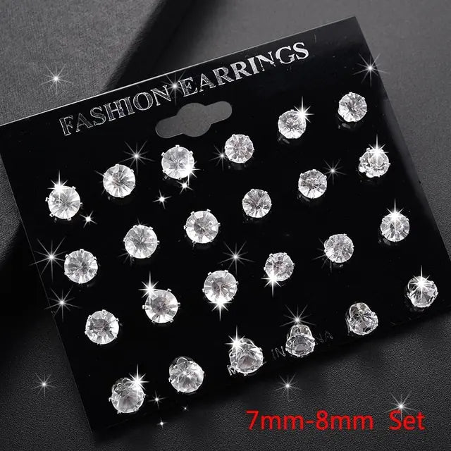 White Crystal Stud Earrings Set - 12 Pairs for Men & Women