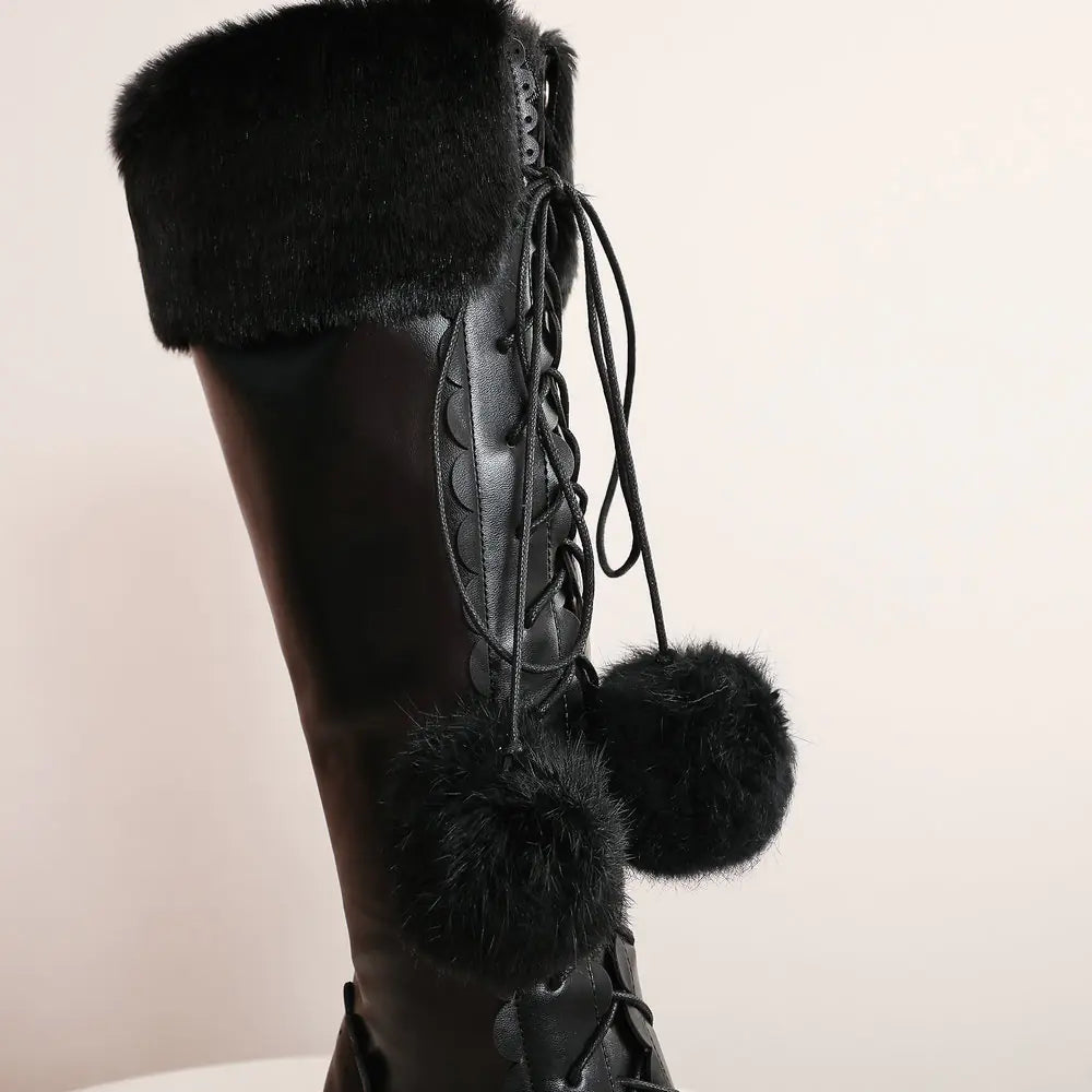 Princess Bowtie High Boots - Warm & Stylish PU Leather Winter Boots with Lace-Up Detail