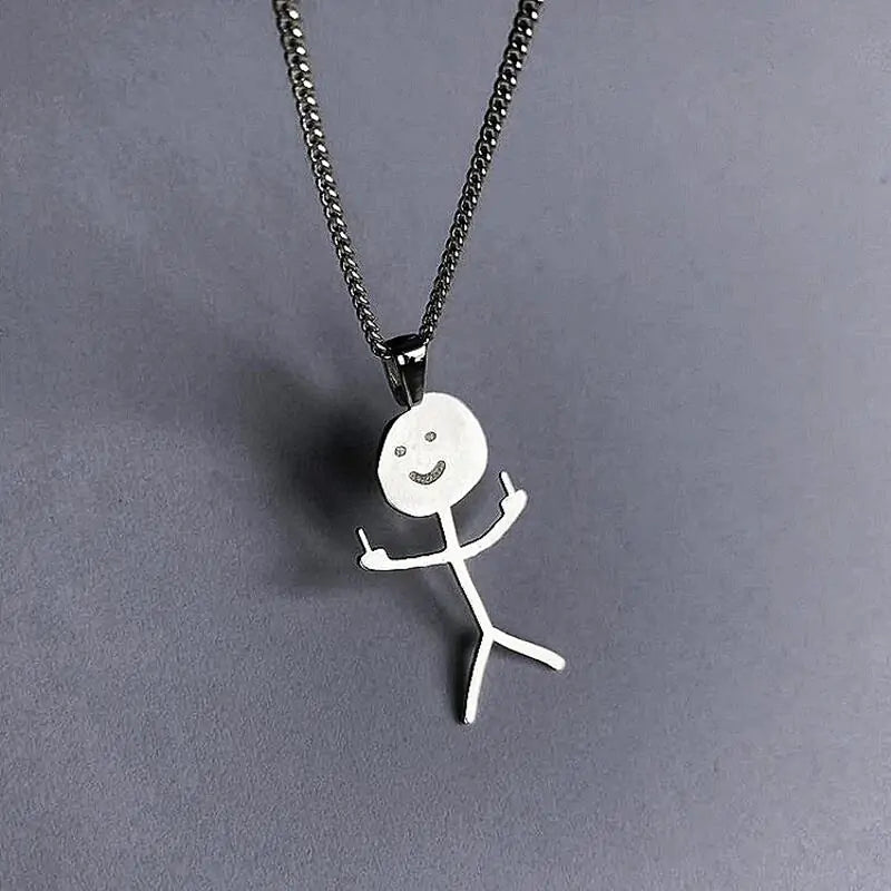 Stickman Pendant Necklace - Titanium Steel, Adjustable Length, Middle Finger Design