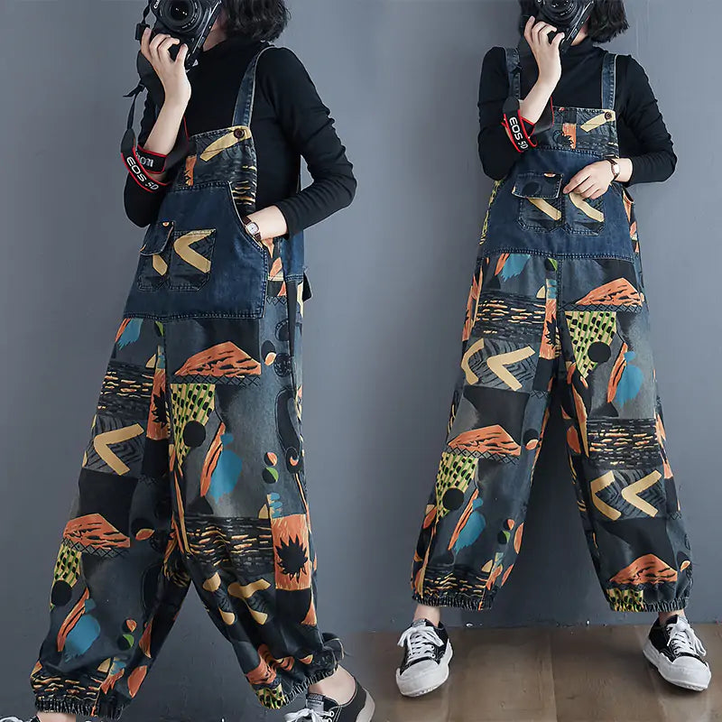 Abstract Print Denim Rompers - Stylish and Comfortable Overalls