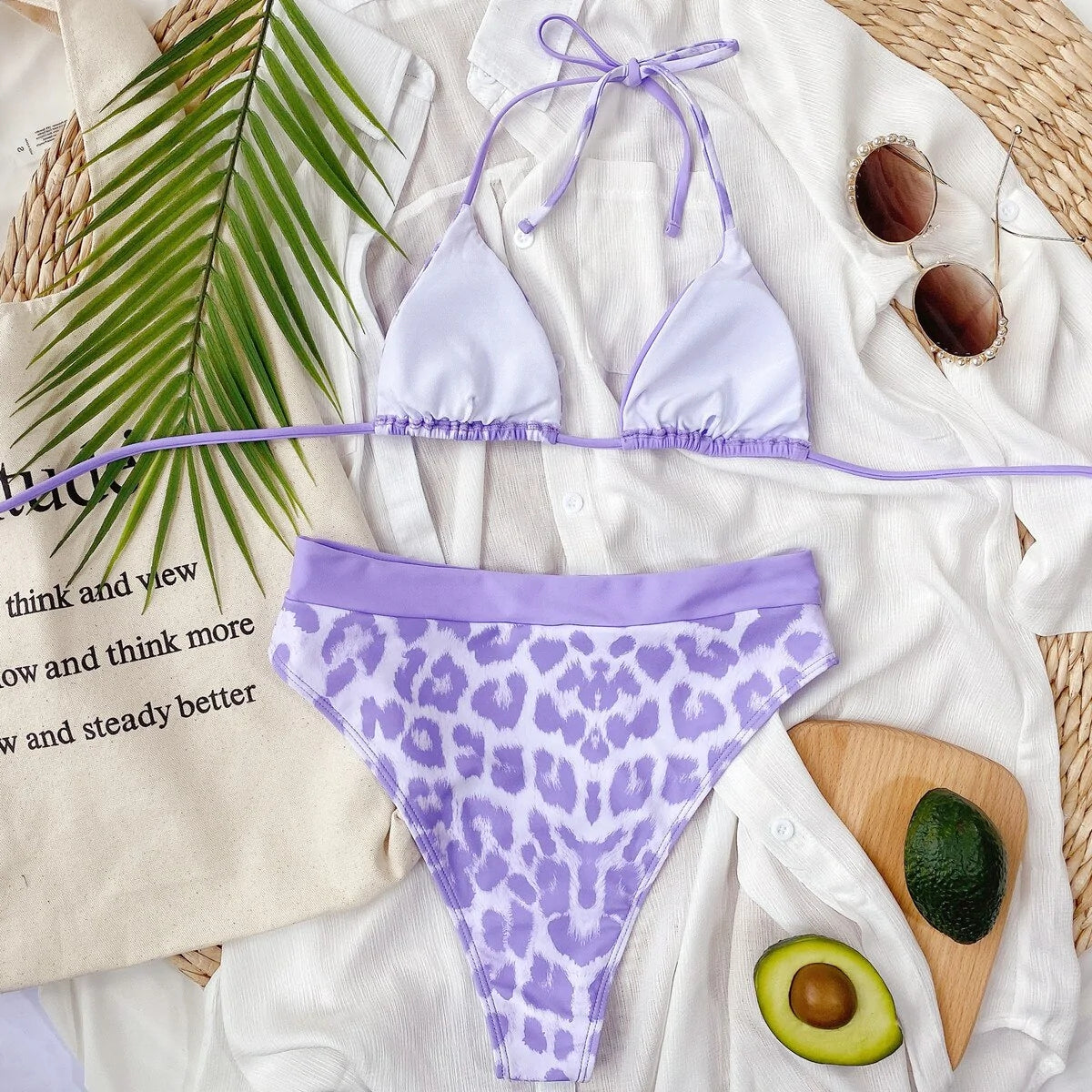 Purple Leopard Bikini - Patchwork Detail & Flattering High Waist Line