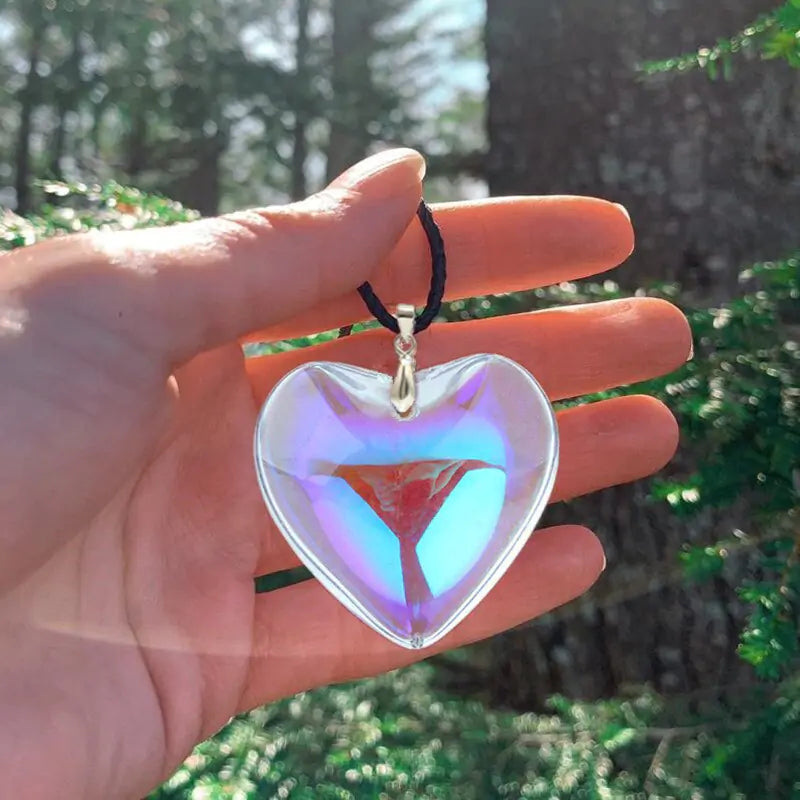 Aura Glass Heart Necklace with Rainbow AB Crystal Pendant