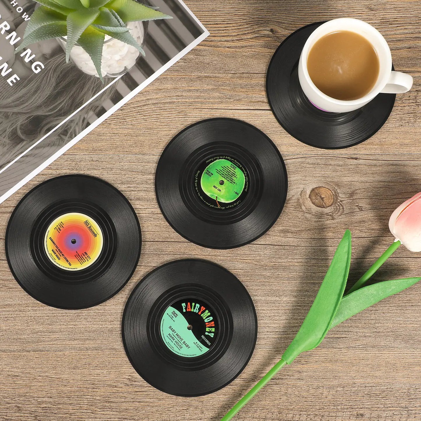 Vinyl Record Coaster Set with Holder - 6 Authentic Retro Designs