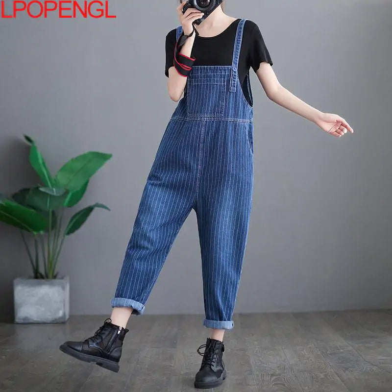 Art Stitching Denim Overalls - High-Quality, Loose-Fitting, Wide Leg Design