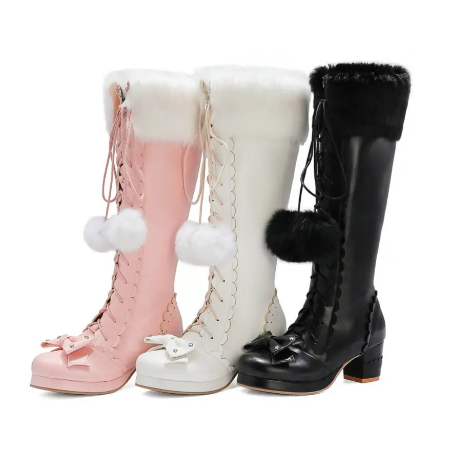 Princess Bowtie High Boots - Warm & Stylish PU Leather Winter Boots with Lace-Up Detail